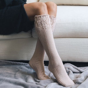 Knee High Pointelle Women's Ribbed Socks, Oatmeal