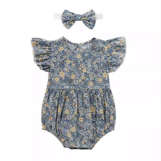 Flutter Sleeve Bubble Romper and Headband, Tiny Azure Floral